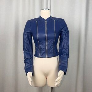 Vintage Bebe Women's Blue Genuine Leather Jacket Moto Y2K Size XS